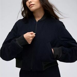 Kenneth Cole Women's Shirred-Sleeve Dark Navy Grey Bomber Jacket Sz XS